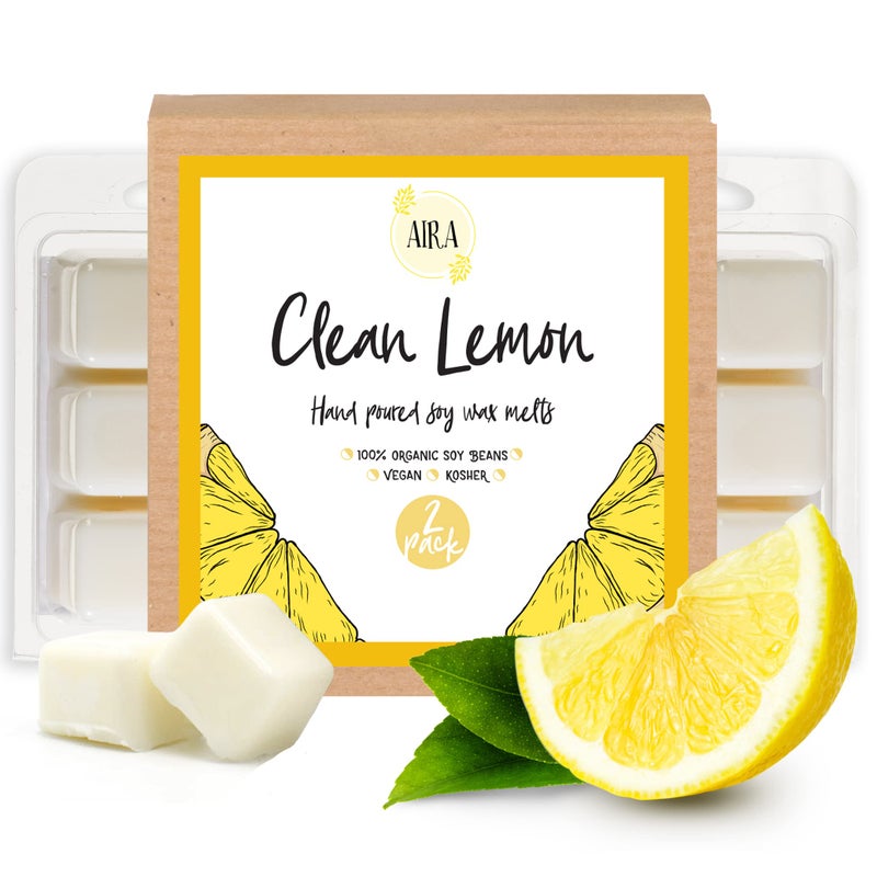 Aira Soy Wax Melt - Organic, Vegan, Kosher, Scented Soy Wax Cubes w/Essential Oil Blends - No Chemical 100% Soy Wax Melts for Electric/Tealight Melters - Hand-Poured Soy Tarts - Clean Lemon - 2 Pack - Image 1